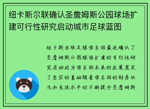 纽卡斯尔联确认圣詹姆斯公园球场扩建可行性研究启动城市足球蓝图 纽卡斯尔联确认圣詹姆斯公园球场扩建可行性研究启动城市足球蓝图