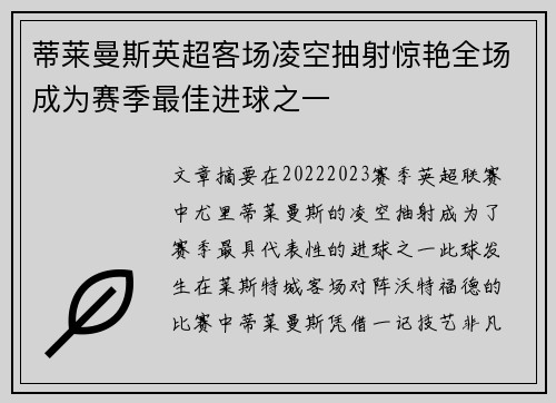 蒂莱曼斯英超客场凌空抽射惊艳全场成为赛季最佳进球之一